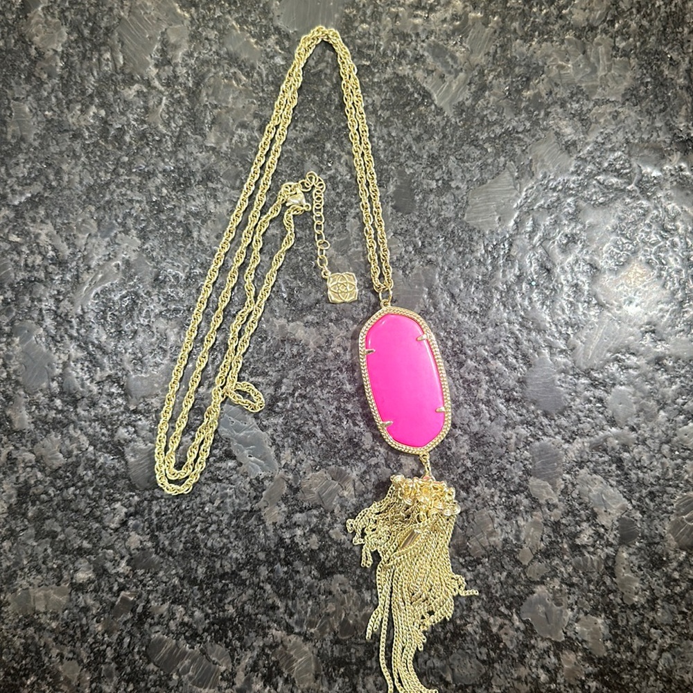 Kendra Scott Rayne gold large long pendant necklace with hot pink stone
